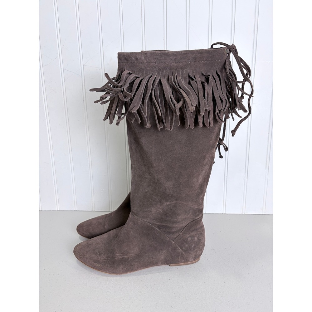 Daniblack Chocolate Taupe Suede Fringe Collar Tall Boot Flat Boho 8M Festival - Picture 3 of 16